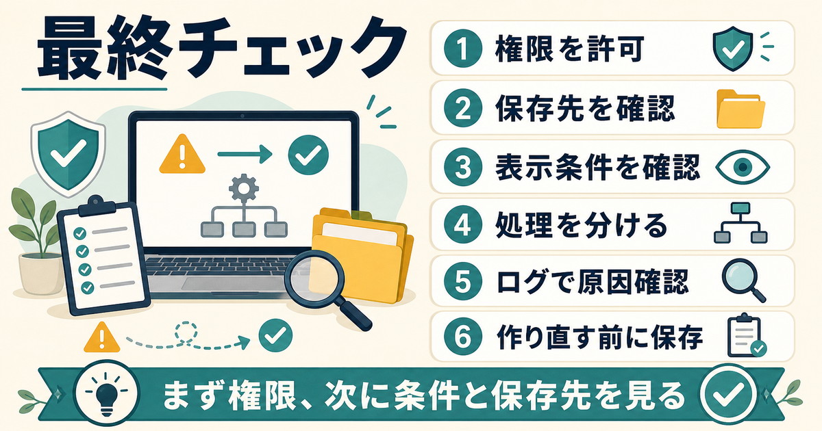 権限を許可保存先を確認表示条件を確認処理を分けるログで原因確認作り直す前に保存する流れの図解