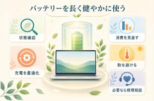 バッテリーの状態確認・充電最適化・消費見直し・熱対策・修理相談の図解