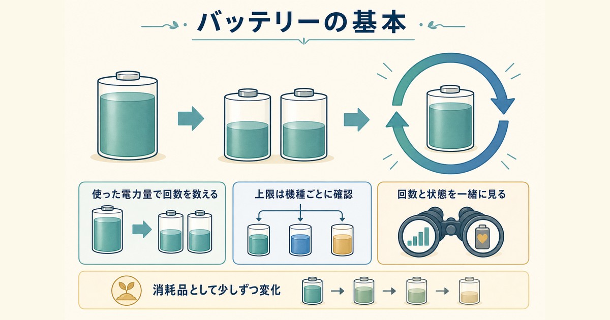 使用した電力量で充放電回数を数え機種別上限と状態を確認する図解