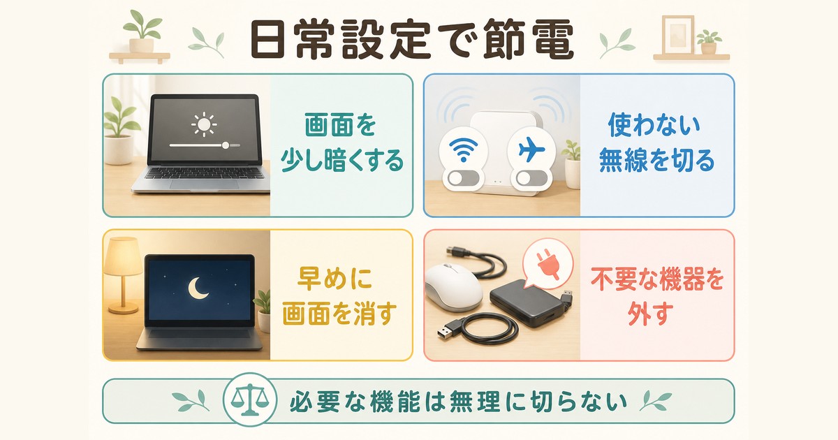 画面輝度・無線・画面消灯・周辺機器を見直して日常的に節電する図解