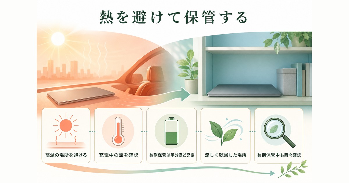 高温を避け充電中の熱と長期保管時の充電状態を確認する図解