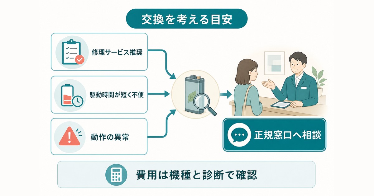 修理サービス推奨・駆動時間低下・動作異常から交換相談を判断する図解