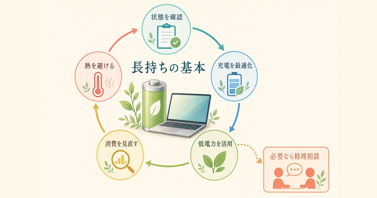状態確認・充電最適化・低電力・消費見直し・熱対策をまとめた循環図