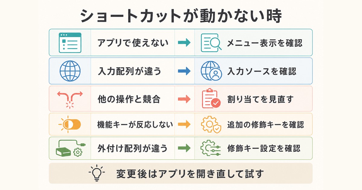 Macのショートカットが動かない時にアプリ・入力配列・競合・修飾キーを確認する図解