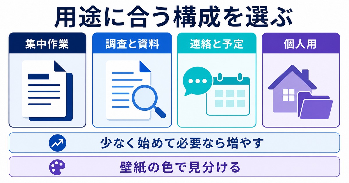 集中作業調査資料連絡予定個人用の用途別Spaces構成を比較する図解