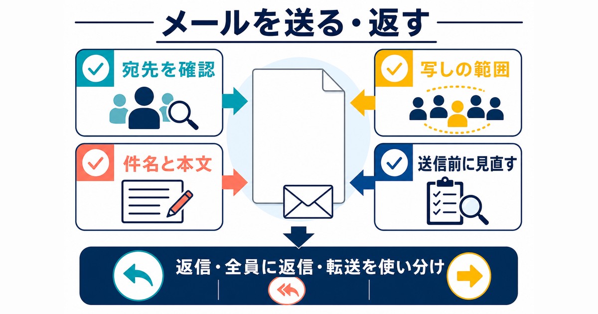 宛先・件名・本文・写しの範囲を確認し返信と転送を使い分ける図解