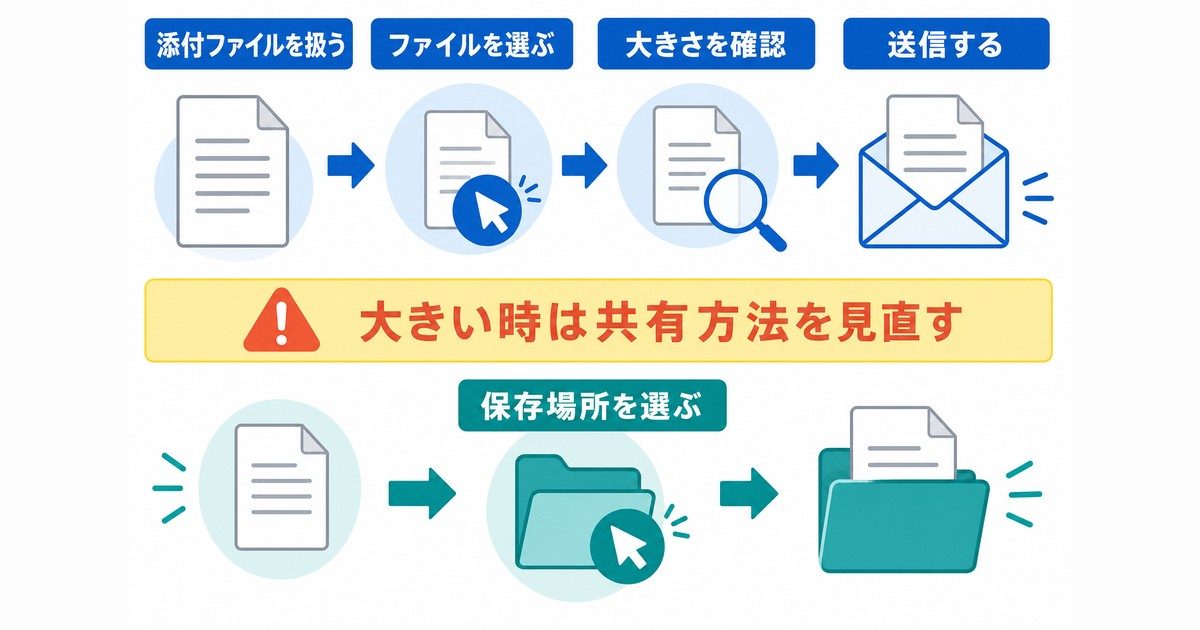 添付ファイルの選択・大きさ確認・送信・保存の流れをまとめた図解