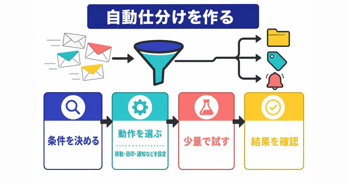 条件と動作を決め少量で試して結果を確認する自動仕分け図解