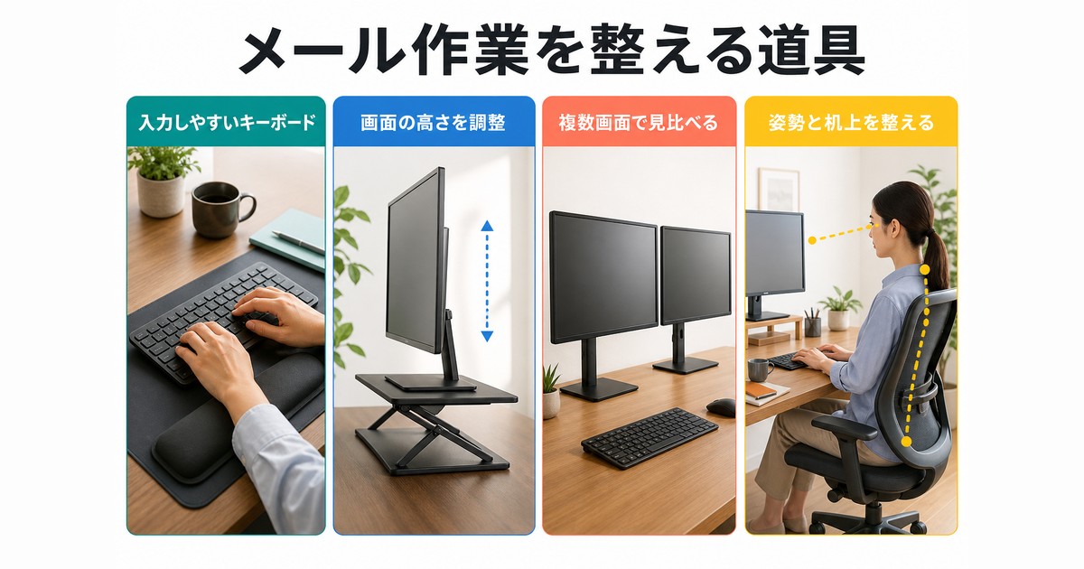 キーボード・画面の高さ・複数画面・姿勢を整えてメール作業を快適にする図解