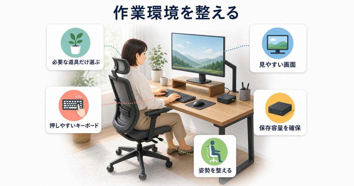 キーボード・画面・保存容量・姿勢を整え必要な道具を選ぶ図解