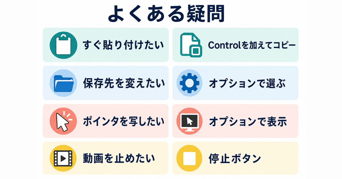 コピー・保存先・ポインタ表示・動画停止のよくある疑問図解