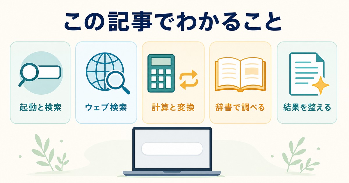 スポットライトの起動検索ウェブ計算辞書結果整理の記事案内図