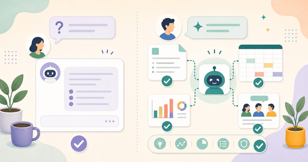 仕事に統合されたAIアシスタントと一般的なチャットAIの違いを示す図解
