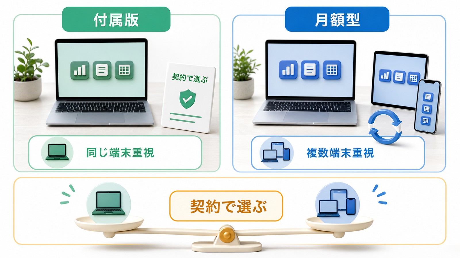 Office PremiumとOffice 365を同じ端末重視複数端末重視契約で選ぶ観点から比較した図解