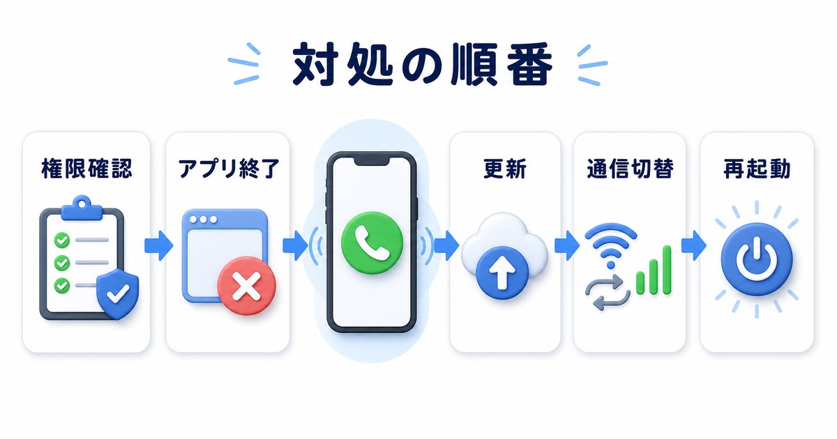 LINE電話ができない時に権限確認とアプリ終了と更新と通信切替と再起動を試す図解