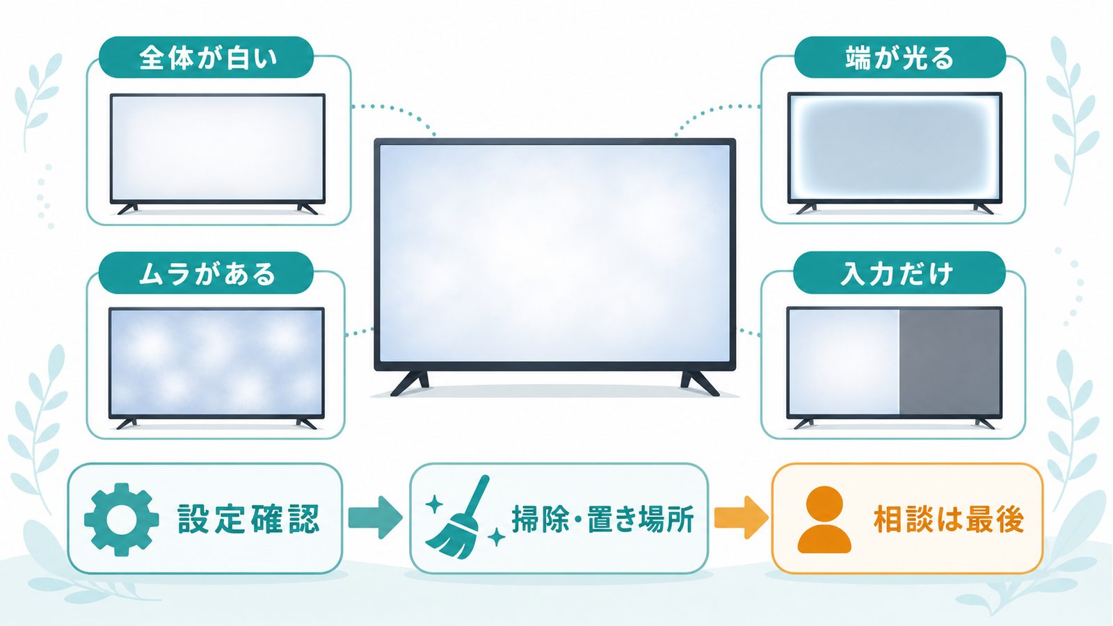 テレビ画面の全体が白いムラがある端が光る入力だけ白い症状を整理した早見表図解
