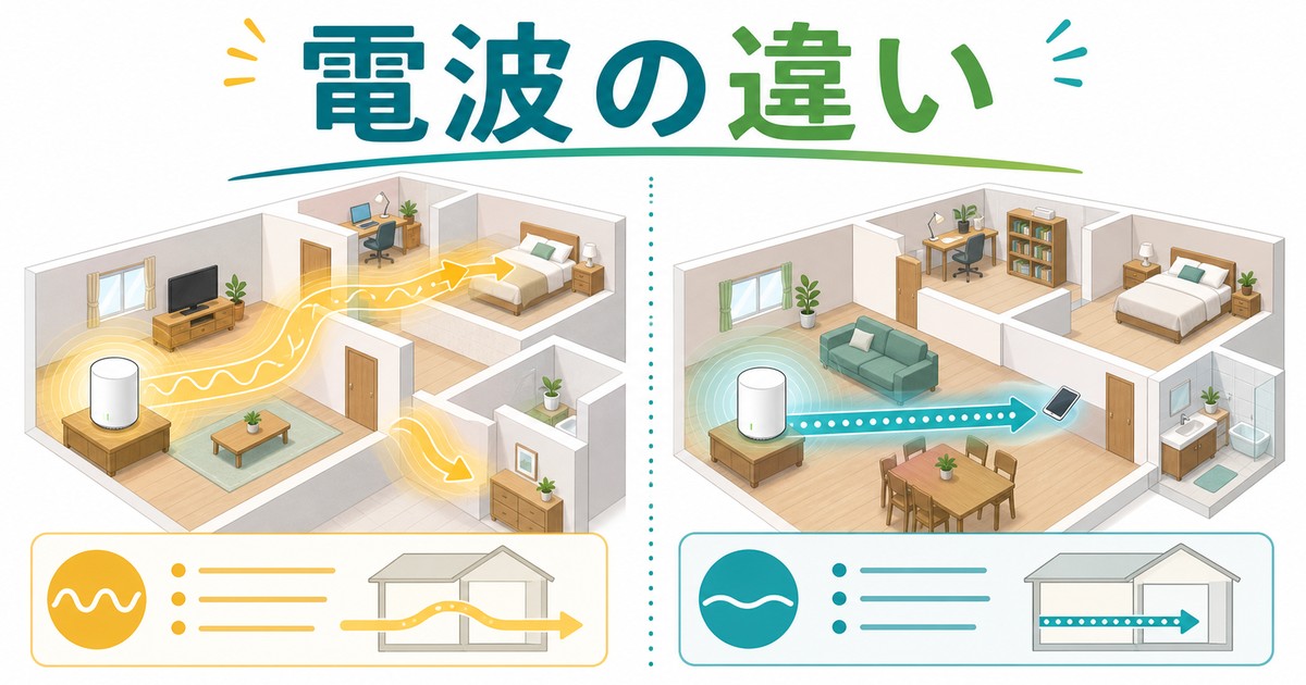Wi-Fiの周波数帯ごとの性格を比較する図解