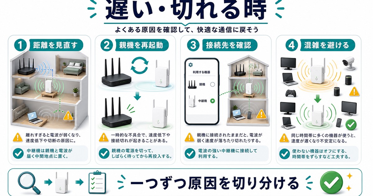 Wi-Fi中継機が遅い切れる時の原因を日本語でまとめた図解