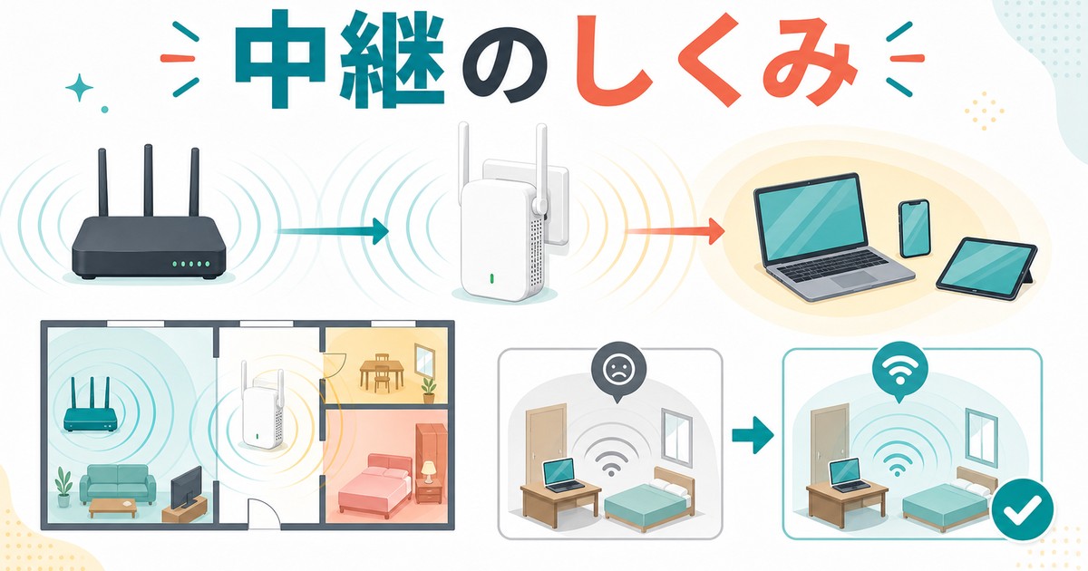 Wi-Fi中継器が電波を広げる仕組みの図解