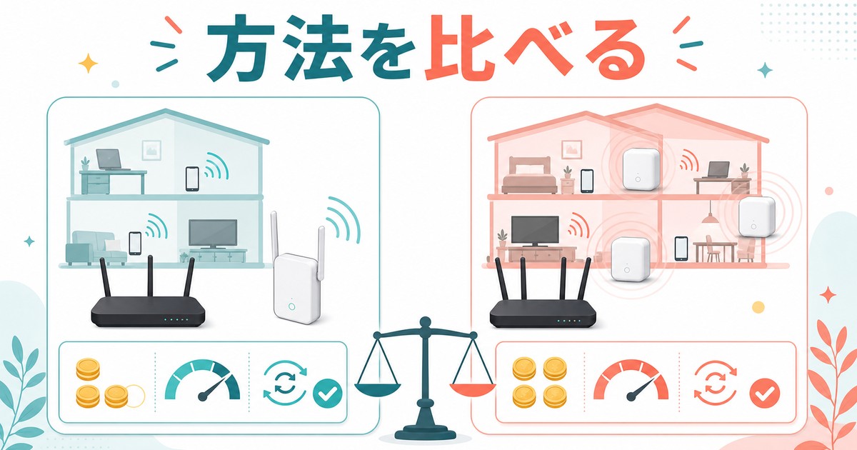 Wi-Fi中継器とメッシュWi-Fiを比較する図解