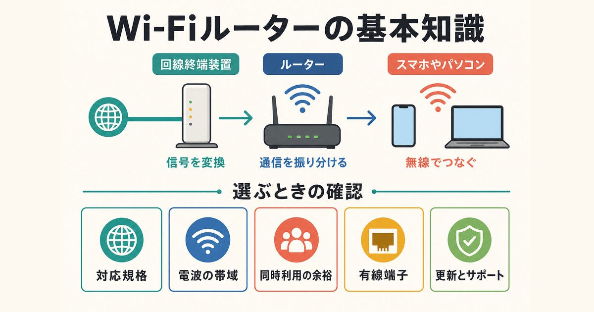 回線終端装置とWi-Fiルーターの役割と確認項目の図解