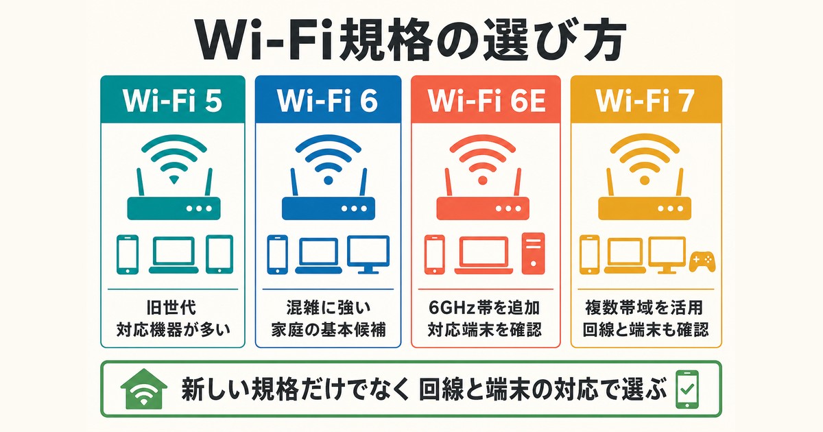 Wi-Fi 5からWi-Fi 7までの規格を選ぶ判断軸の図解