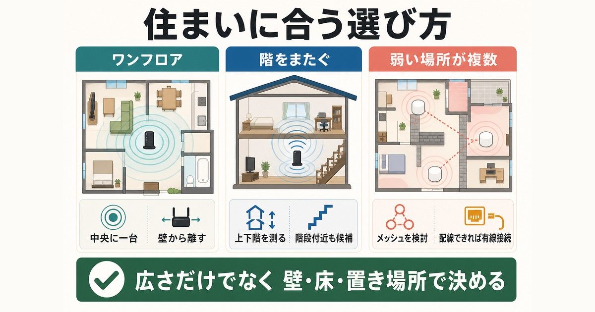 住まいの間取りと電波の弱い場所からルーター構成を選ぶ図解