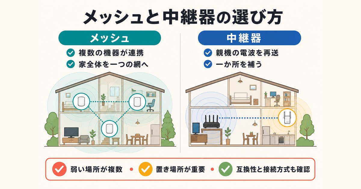メッシュWi-Fiと中継器の用途と仕組みを比較した図解