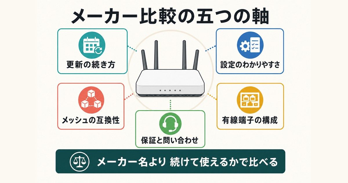 Wi-Fiルーターメーカーを比較する五つの判断軸の図解