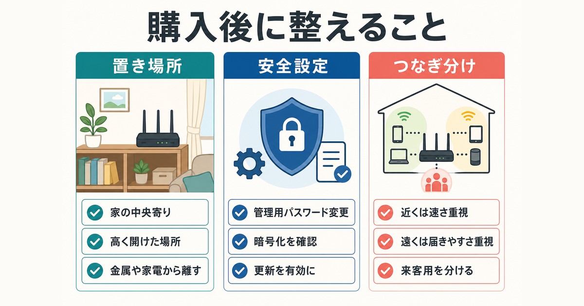 Wi-Fiルーター購入後の設置と安全設定をまとめた図解