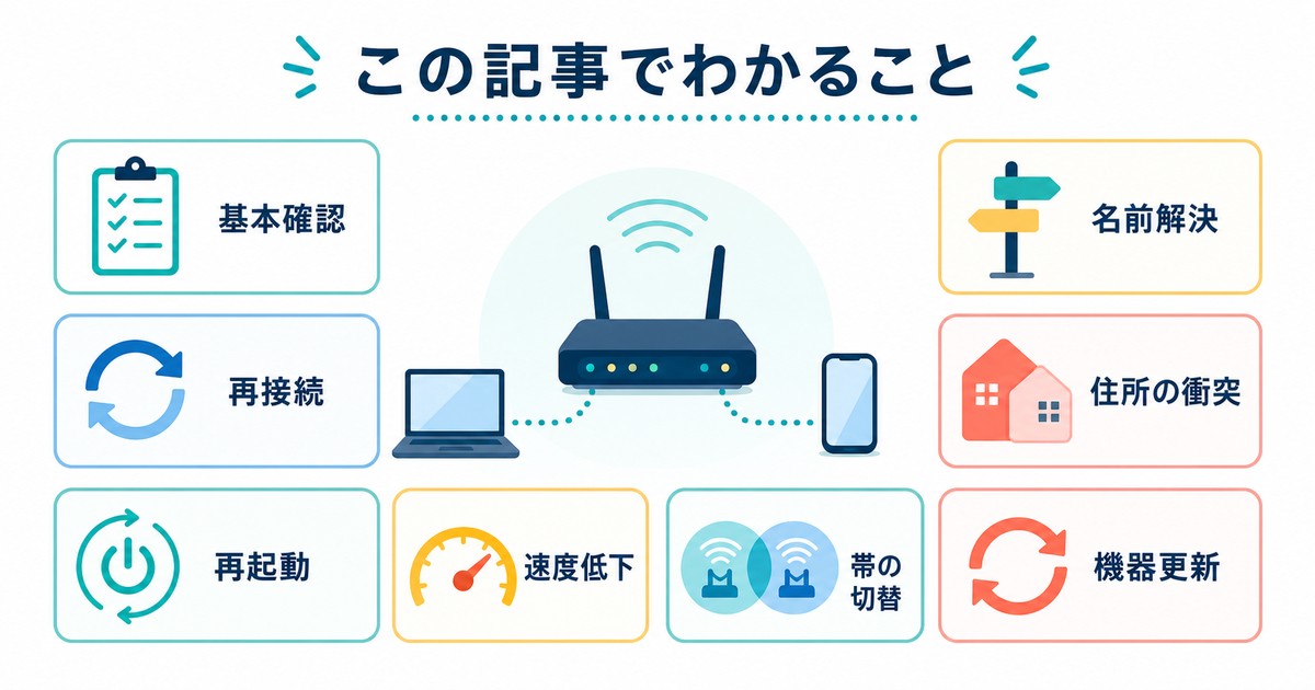 Wi-Fiトラブルで基本確認再接続再起動DNS IP速度周波数帯更新を確認する図解