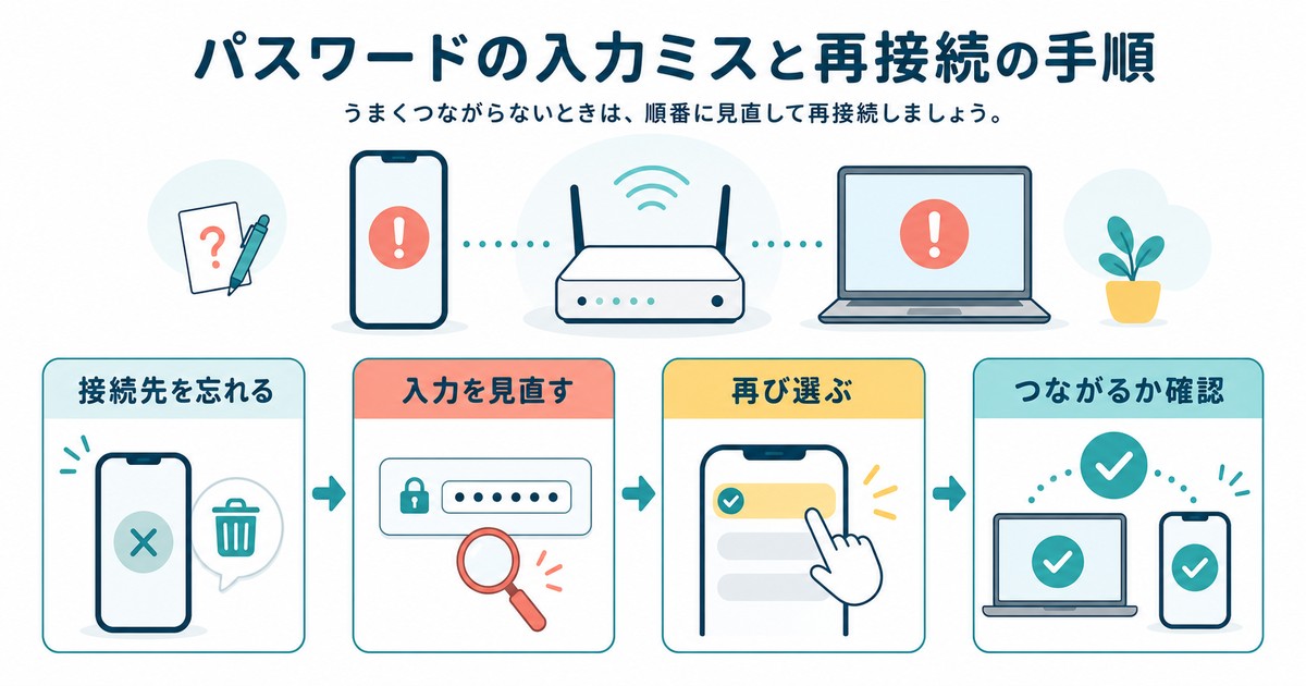 Wi-Fiパスワードを見直してネットワークを削除し再接続する手順図解