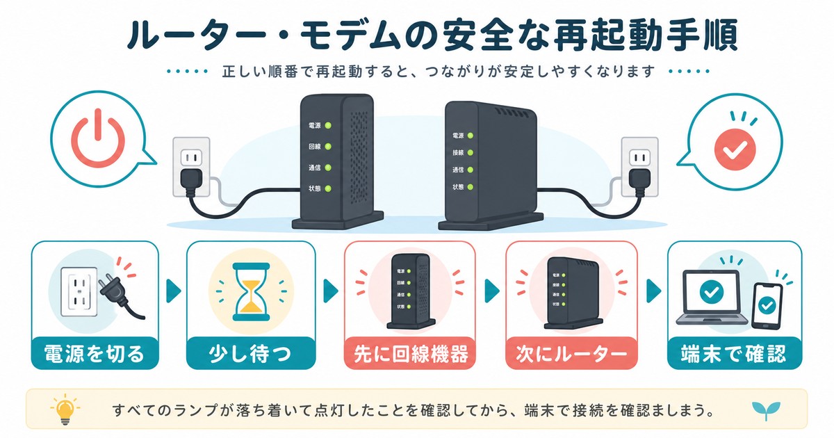 ルーターとモデムを安全な順番で再起動して端末で確認する図解