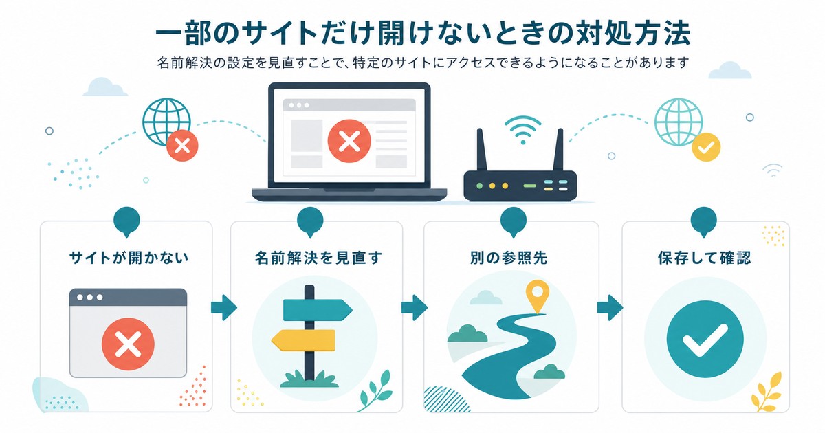 特定サイトだけ開けない時にDNSサーバー設定を見直して保存確認する図解