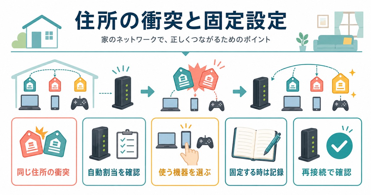 同じIPアドレスの競合を確認し必要な端末だけ固定IP設定にする図解