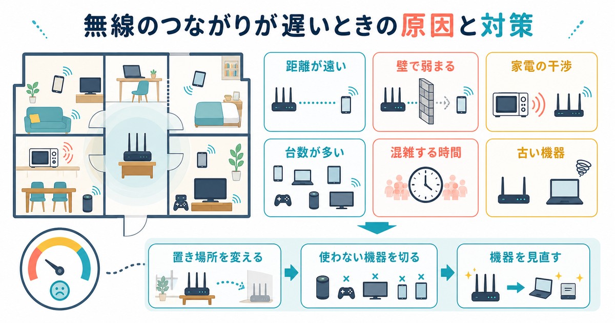 Wi-Fiが遅い時の距離壁家電干渉接続台数混雑古い機器を確認する図解
