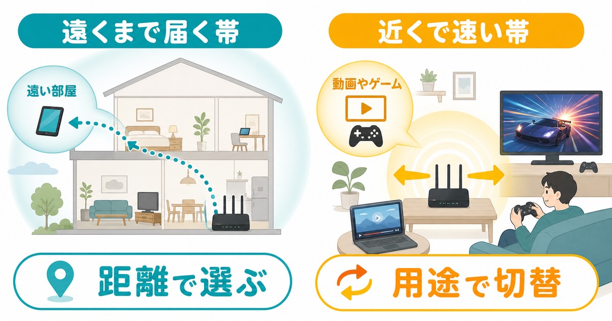 Wi-Fiの2.4GHz帯と5GHz帯を距離や用途で切り替える考え方の図解