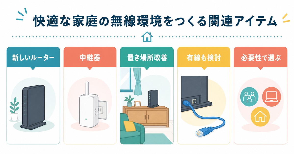 Wi-Fi環境改善のためにルーター中継器置き場所有線接続を必要性で選ぶ図解