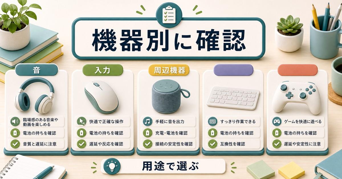 Bluetooth機器を音入力周辺機器など用途別に確認する図解