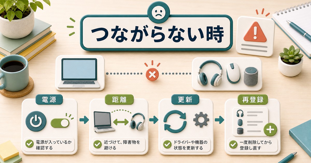 Bluetoothがつながらない時に電源距離更新再登録を確認する図解