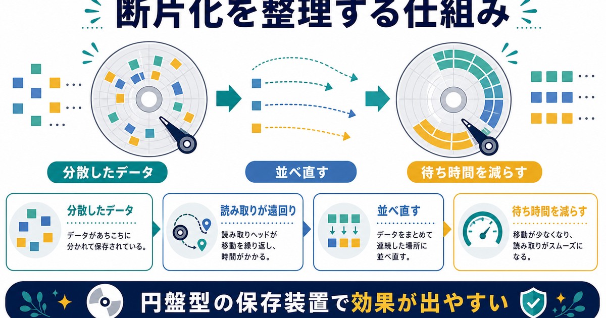 HDDの断片化したデータを並べ直して読み取り効率を上げる仕組みの図解