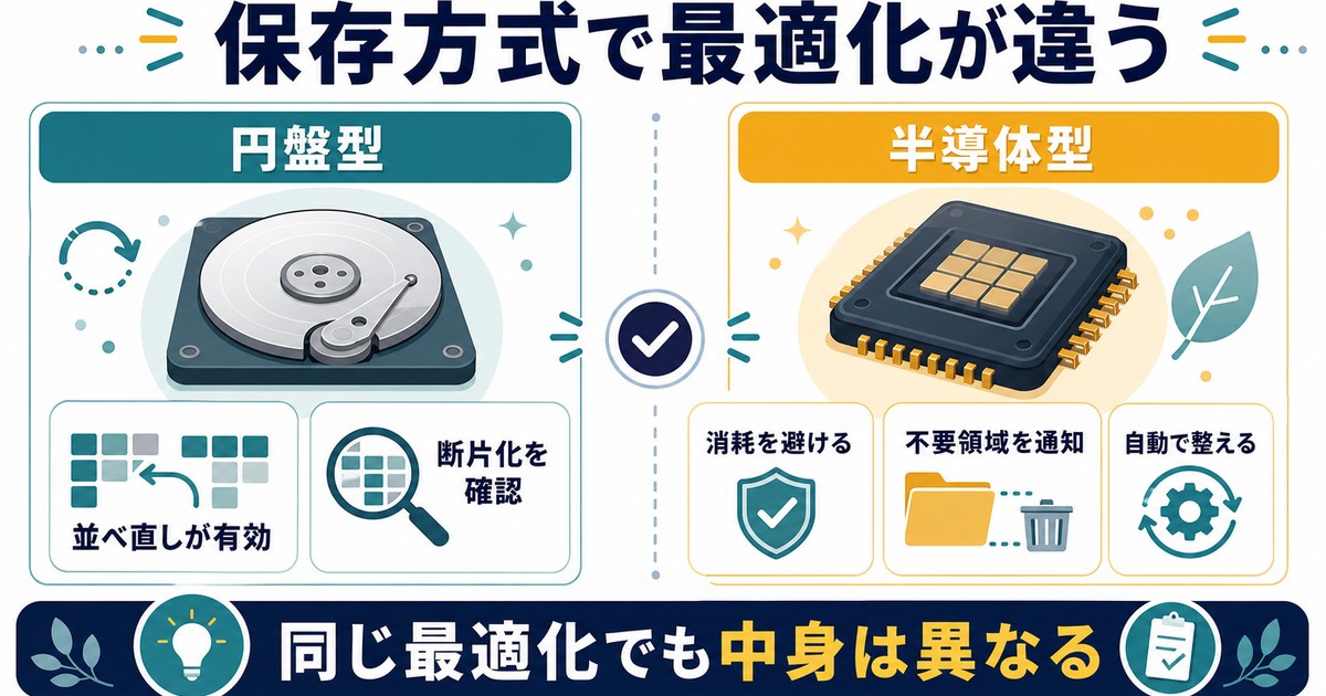 SSDとHDDで最適化の中身が異なりTRIMとデフラグを使い分ける図解