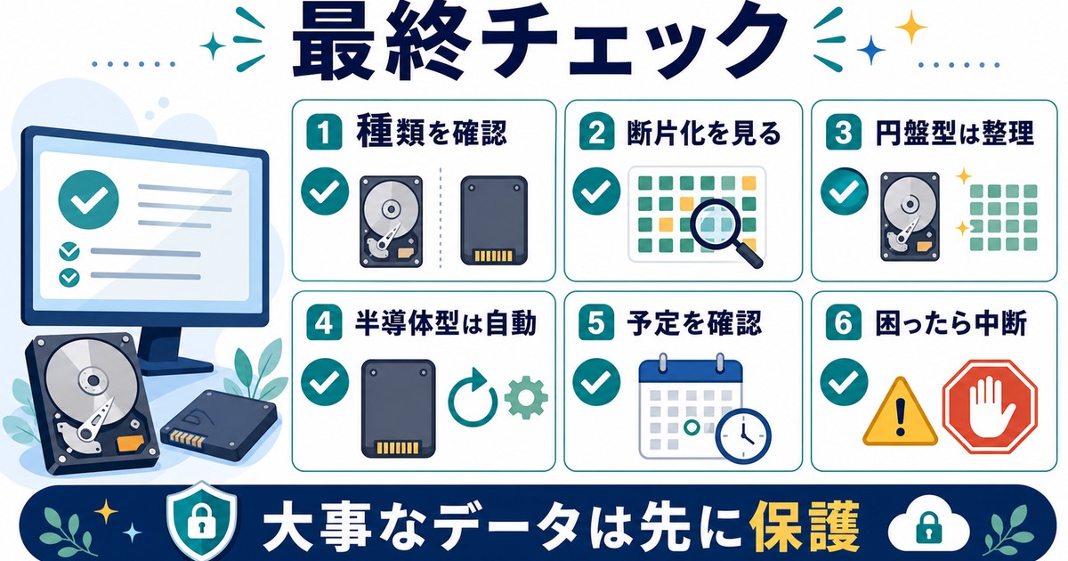 ディスクデフラグとドライブ最適化前に確認する最終チェック図解