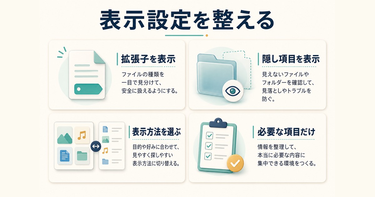 ファイル名拡張子と隠し項目と表示方法を見やすく設定する図解