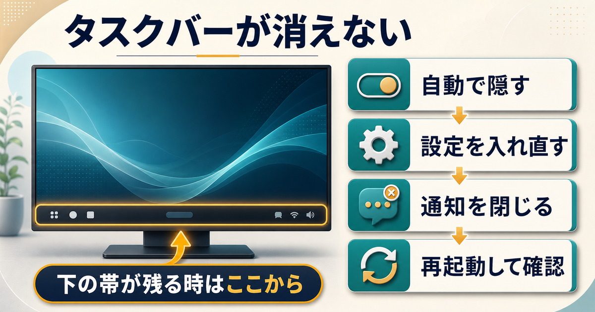 全画面表示でタスクバーが消えない時に自動で隠す設定通知再起動を確認する図解