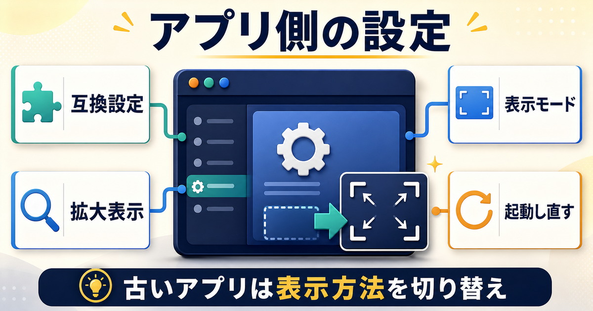 アプリ側の互換設定拡大表示表示モード起動し直しを確認する図解