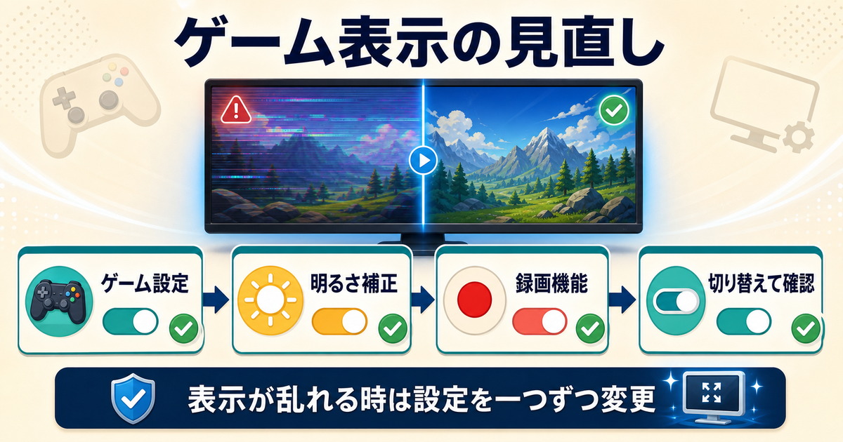 ゲーム表示の設定明るさ補正録画機能を一つずつ切り替えて確認する図解