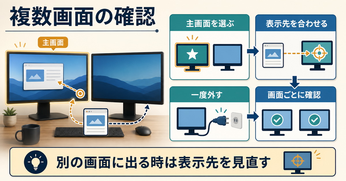 複数画面環境で主画面表示先一度外す画面ごとの確認を行う図解