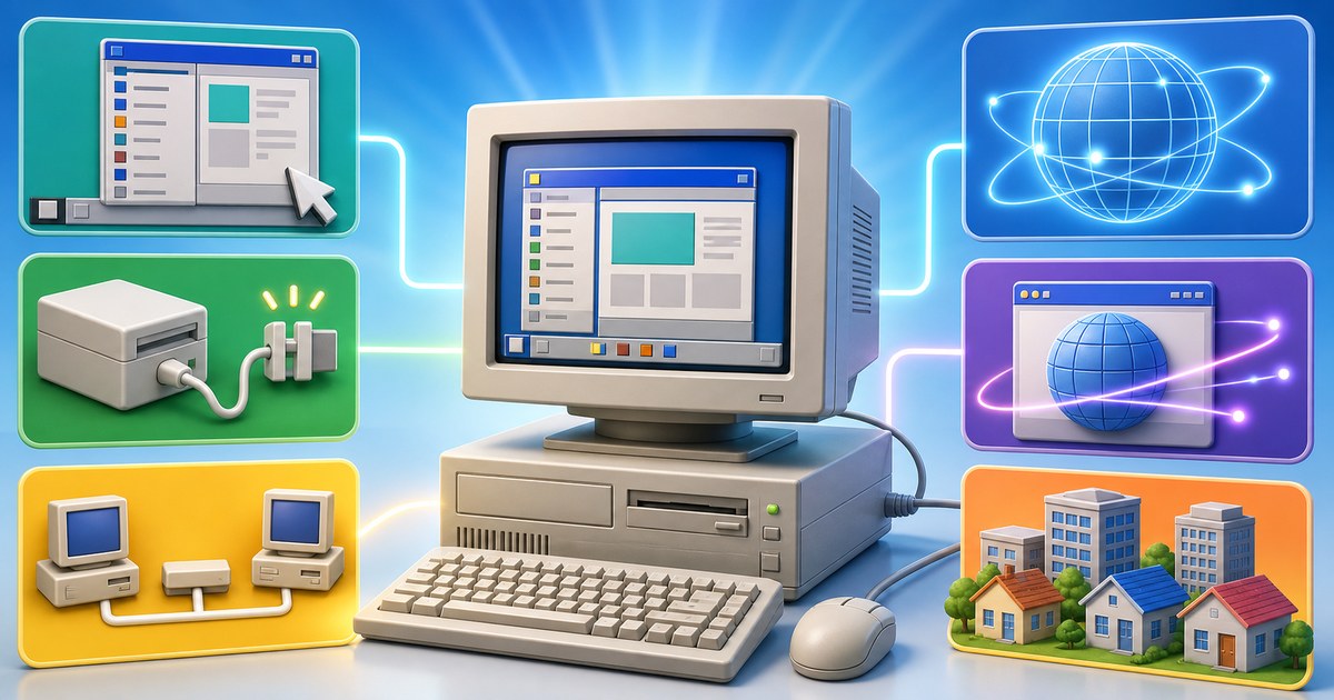 Windows95発売で家庭用PC操作ネットワーク周辺機器接続が広がった流れを整理した図解
