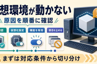 仮想環境が動かない時に対応条件仮想化設定機能有効化競合停止を確認するアイキャッチ画像